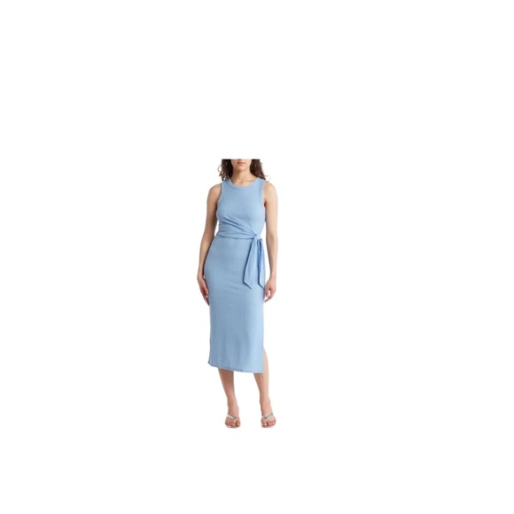 Lush Ribbed Tie-Waist Tank Dress Light Blue Sleeveless Midi Small - Picture 1 of 2